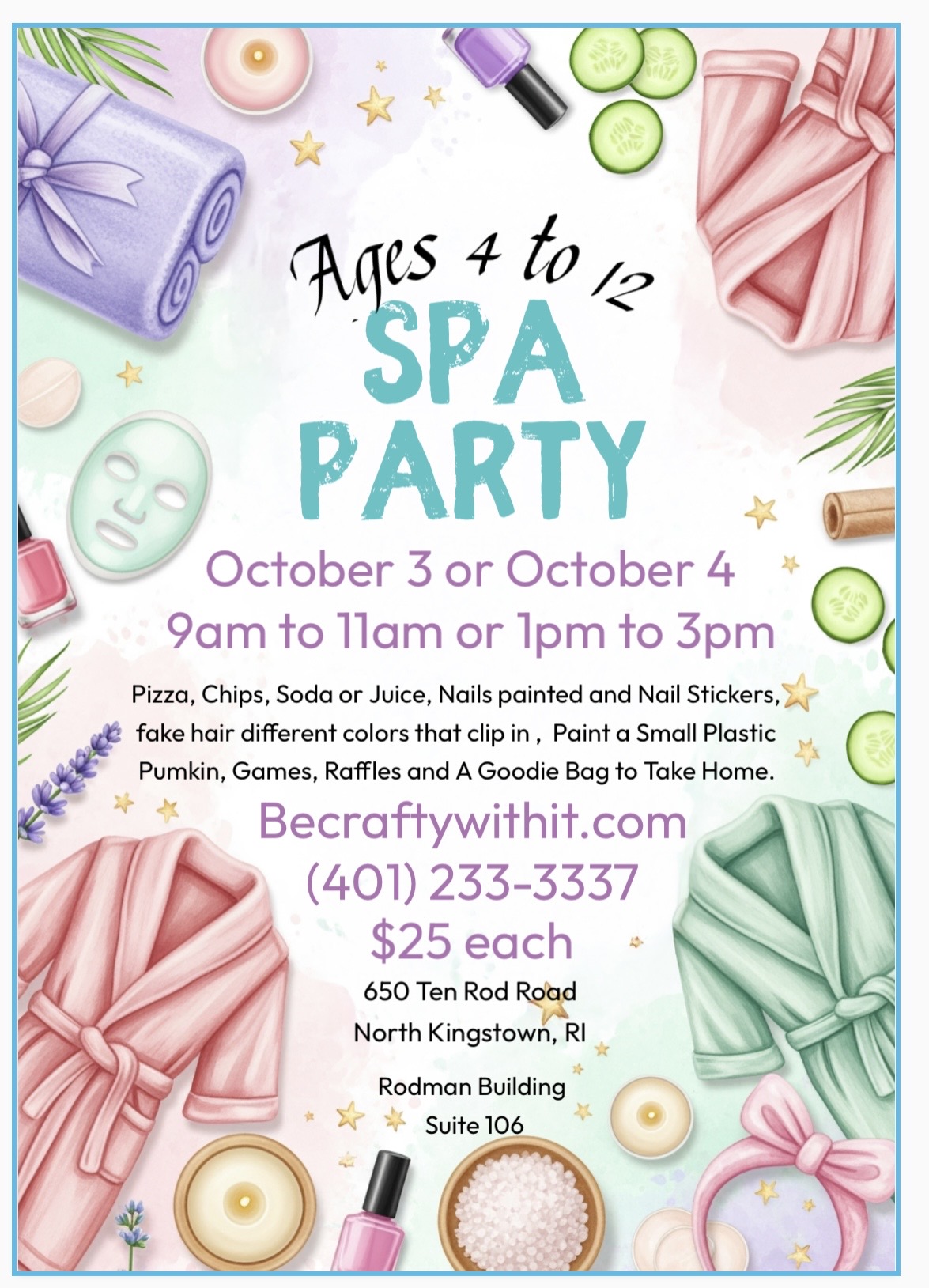 Spa Party. Oct. 4. Ages 4 to 12
